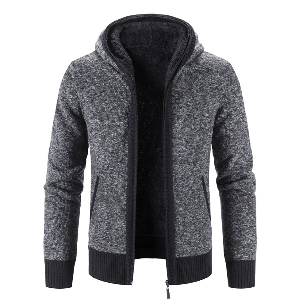 Men Casual Plain Cardigan Simple Hooded Jacket Velvet Warm Winter Sweater Image 2
