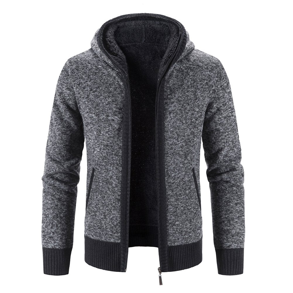 Men Casual Plain Cardigan Simple Hooded Jacket Velvet Warm Winter Sweater Image 1