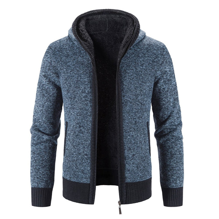 Men Casual Plain Cardigan Simple Hooded Jacket Velvet Warm Winter Sweater Image 1