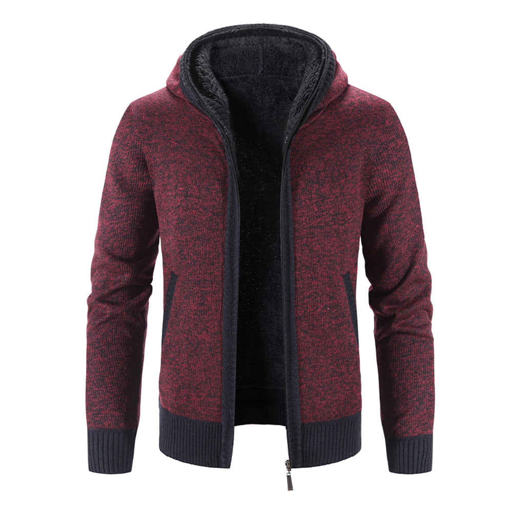 Men Casual Plain Cardigan Simple Hooded Jacket Velvet Warm Winter Sweater Image 4