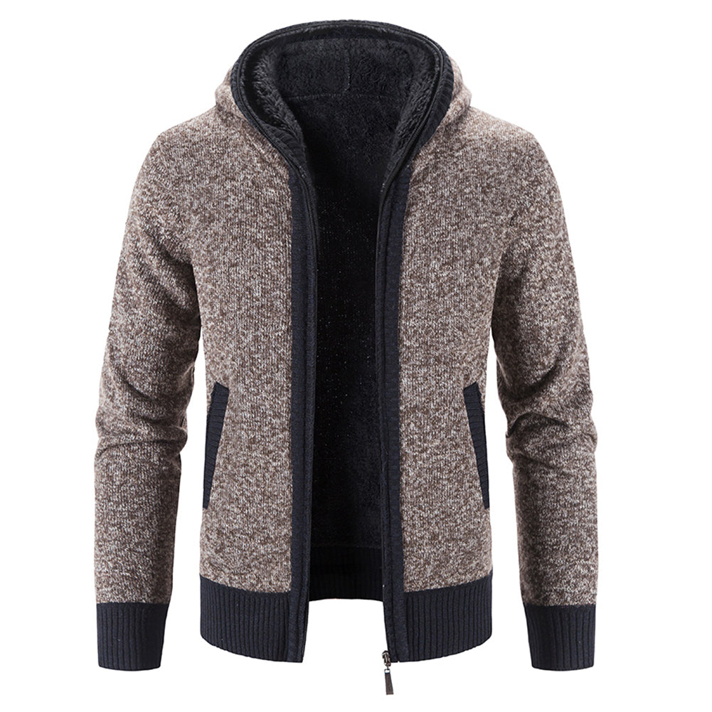 Men Casual Plain Cardigan Simple Hooded Jacket Velvet Warm Winter Sweater Image 1