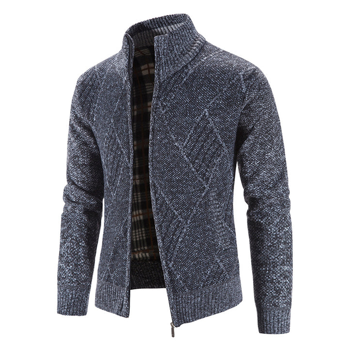 Men Geometry Thick Cardigan Simple Hooded Jacket Velvet Warm Winter Sweater Image 3