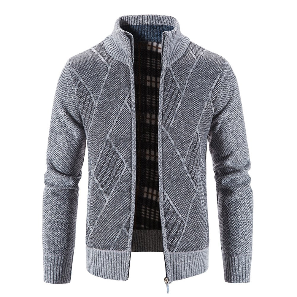 Men Geometry Thick Cardigan Simple Hooded Jacket Velvet Warm Winter Sweater Image 1
