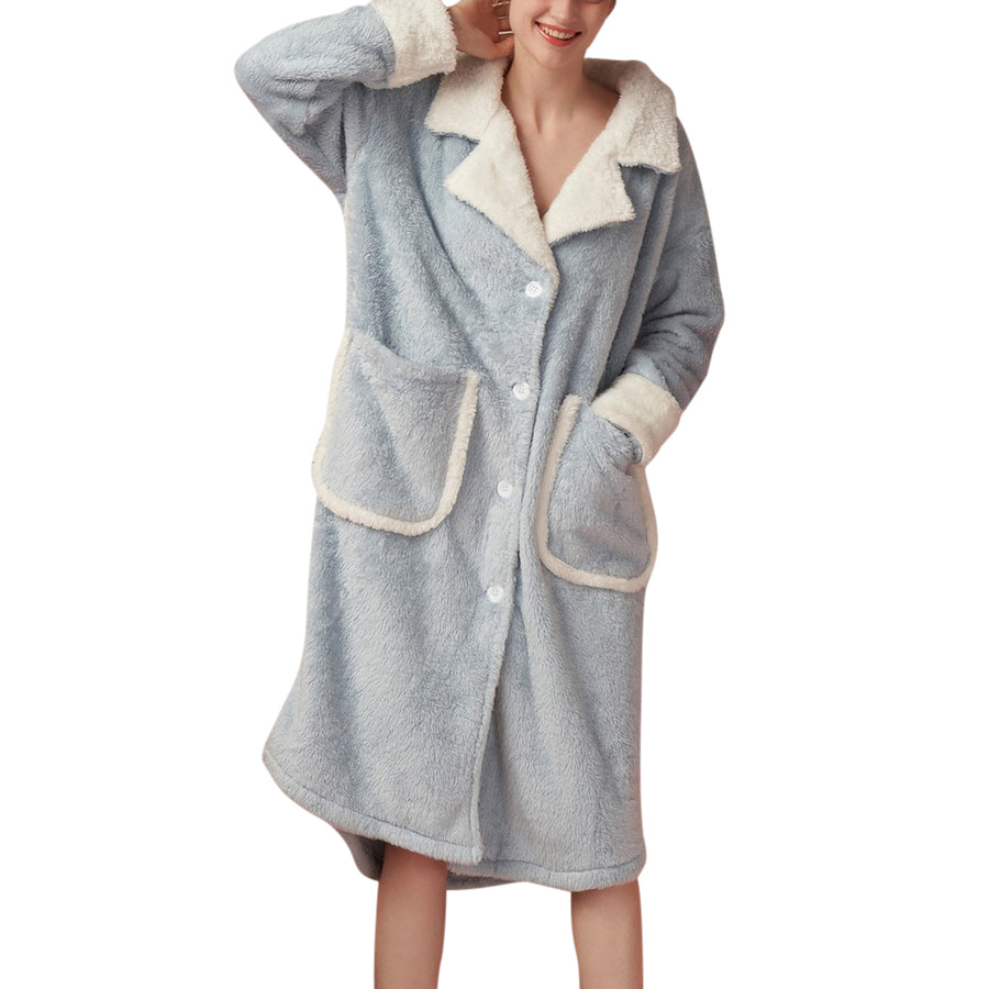 Womens Pyjama Tops Fleece Nightgown Large Pockets Long Kaftan Pink Image 1