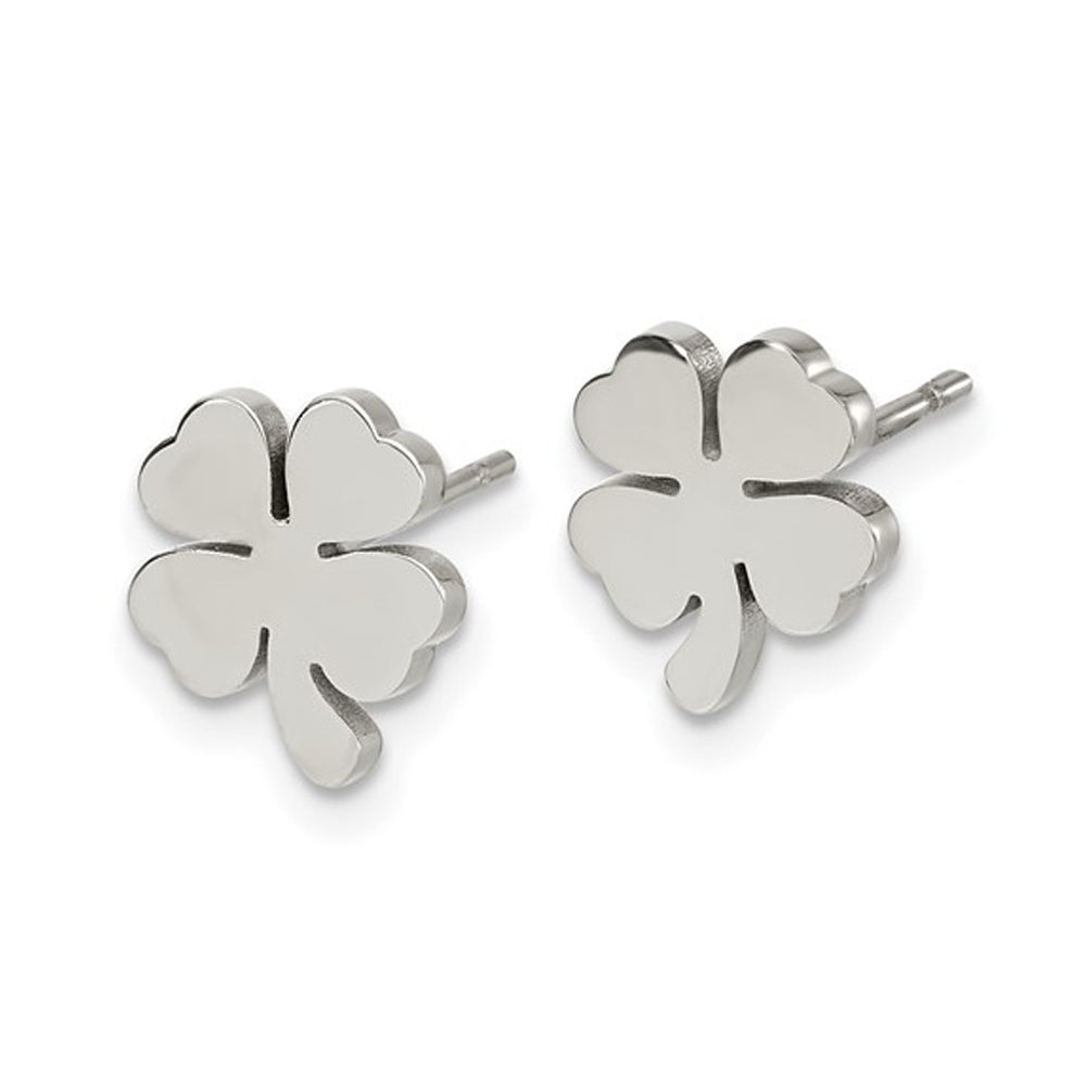 Four Leaf Clover Post Charm Earrings Polished Stainless Steel Image 3