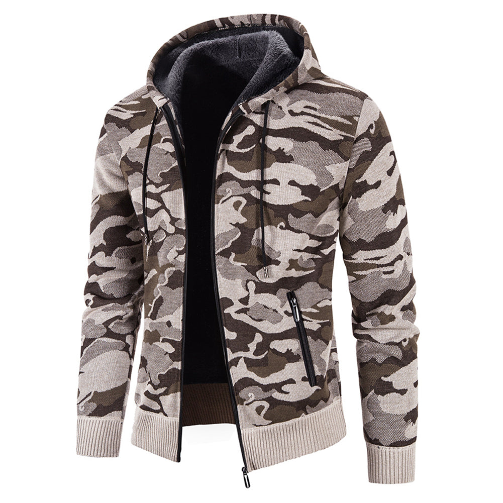 Plush Thick Men Camouflage Hooded Knitted Cardigan Military Style Sweater Image 3