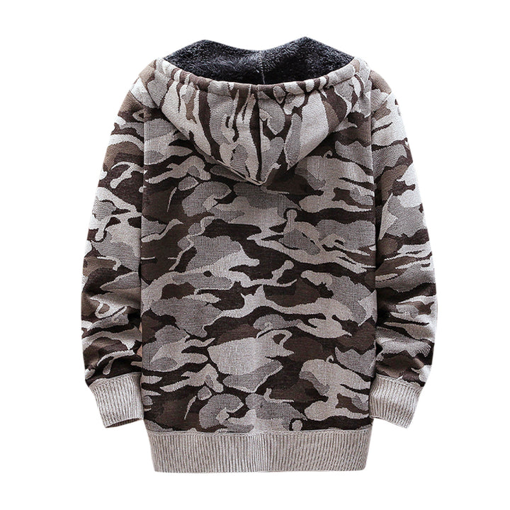 Plush Thick Men Camouflage Hooded Knitted Cardigan Military Style Sweater Image 4