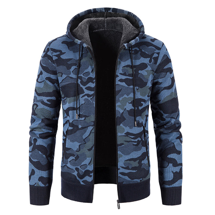 Plush Thick Men Camouflage Hooded Knitted Cardigan Military Style Sweater Image 1