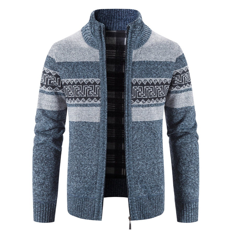 Thick Men Knitted Cardigan Fair Isle Pattern Stand Collar Classic Warm Winter Image 1