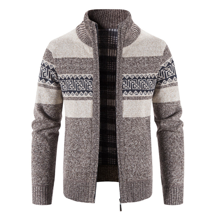 Thick Men Knitted Cardigan Fair Isle Pattern Stand Collar Classic Warm Winter Image 1