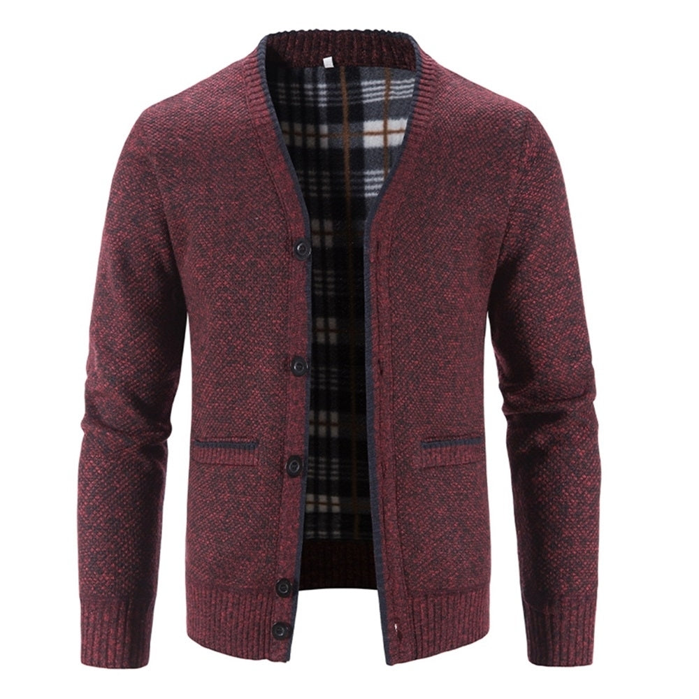 Thick MenS V-Neck Solid Color Knitted Cardigan Button Sweater Causal Long Sleeve Winter Pullover Burgundy Image 1