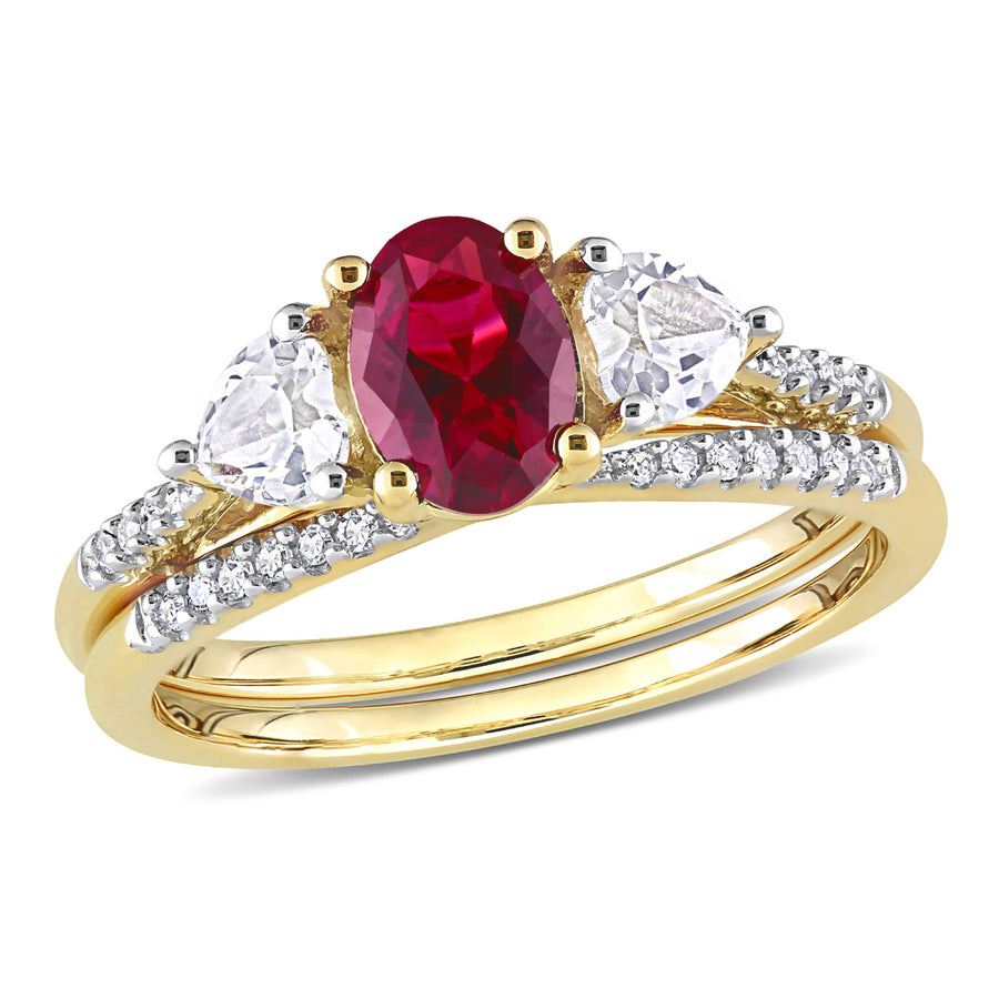 1.90 Carat (ctw) Lab-Created Ruby and White Sapphire Bridal Engagement Wedding Ring Set 10K Yellow Gold Image 1