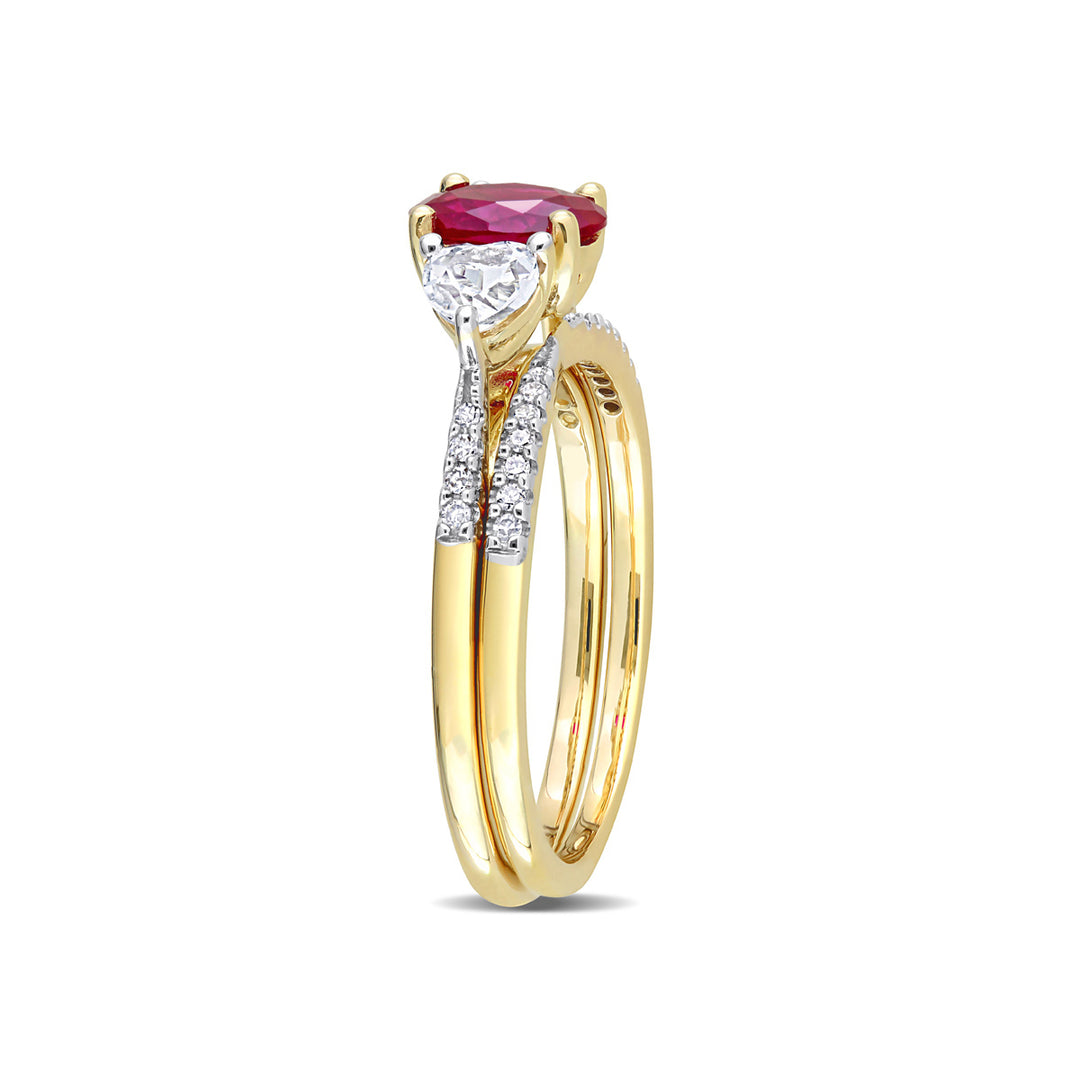 1.90 Carat (ctw) Lab-Created Ruby and White Sapphire Bridal Engagement Wedding Ring Set 10K Yellow Gold Image 3