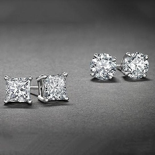 WHITE GOLD High Polish Finish  STUD EARRINGS CUBIC ZIRCONIA ROUND AND PRINCESS CUT 2PC CZ EARRINGS SET Image 1