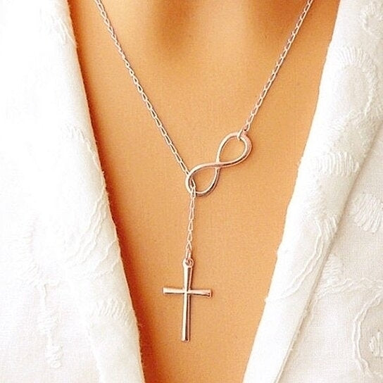 18k white Gold Filled Infinity Cross Lariat Necklace Image 1