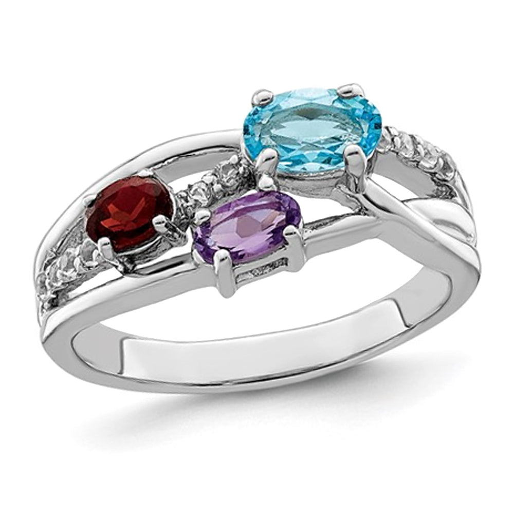 1.00 Carat (ctw) Blue Topaz, Garnet and Amethyst Ring in Sterling Silver Image 1