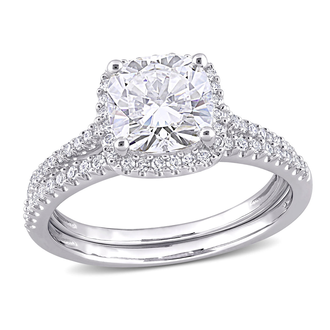 2.00 Carat (ctw) Lab-Created Cushion-Cut Moissanite Engagement Wedding Ring Set 14K White Gold with Diamonds Image 1