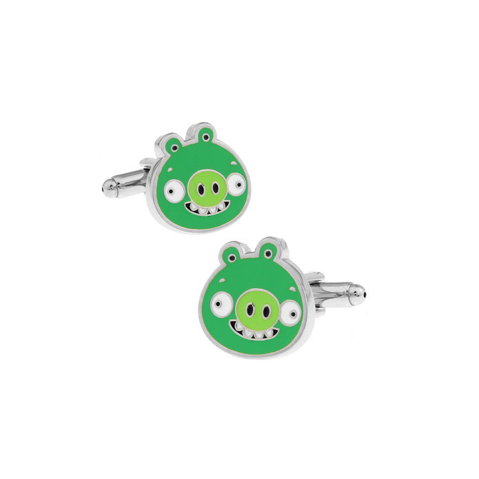 Green Pig Cufflinks Fun Video Game Cuff Links Comes with Gift Box Image 1