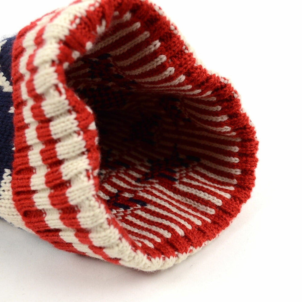 Old School Unisex American Flag Knit Pom Beanie Ski Hat with Stars Red White and Blue Image 2