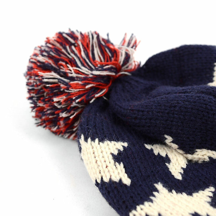 Old School Unisex American Flag Knit Pom Beanie Ski Hat with Stars Red White and Blue Image 3