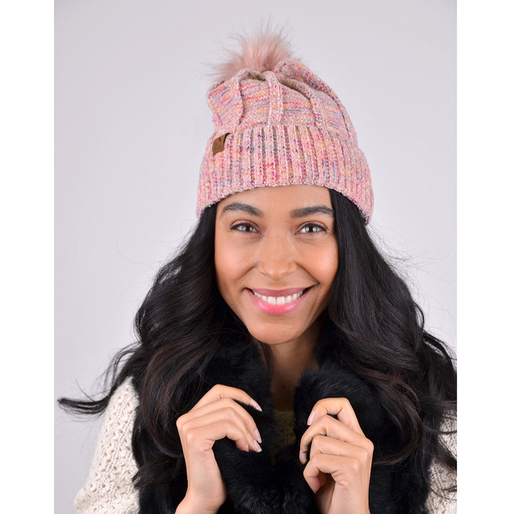 Pink Womens Extra Soft Multicolored Pom Pom Knit Winter Hat Image 1
