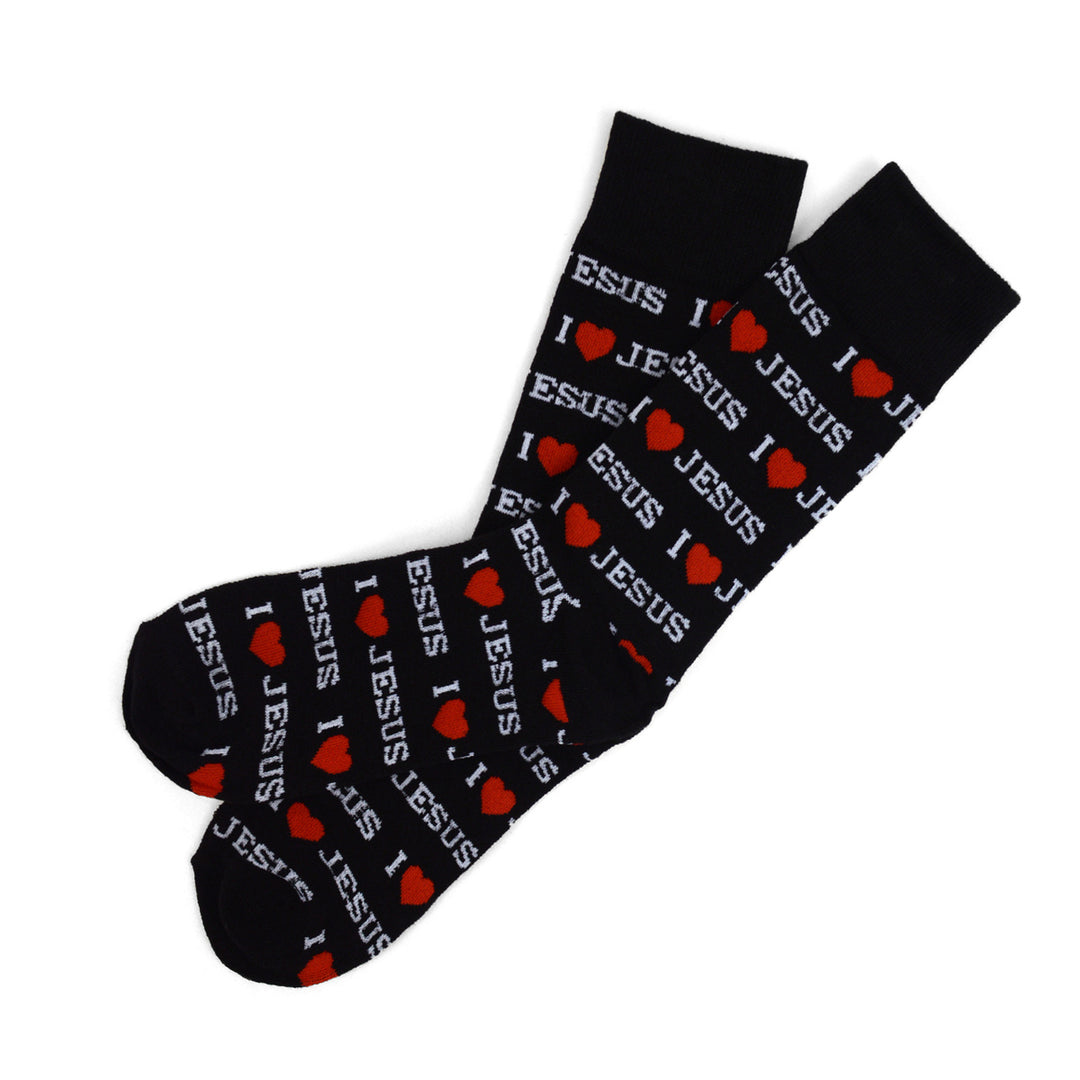 Mens "I Love Jesus" Novelty Socks Black Red Heart Socks Image 3
