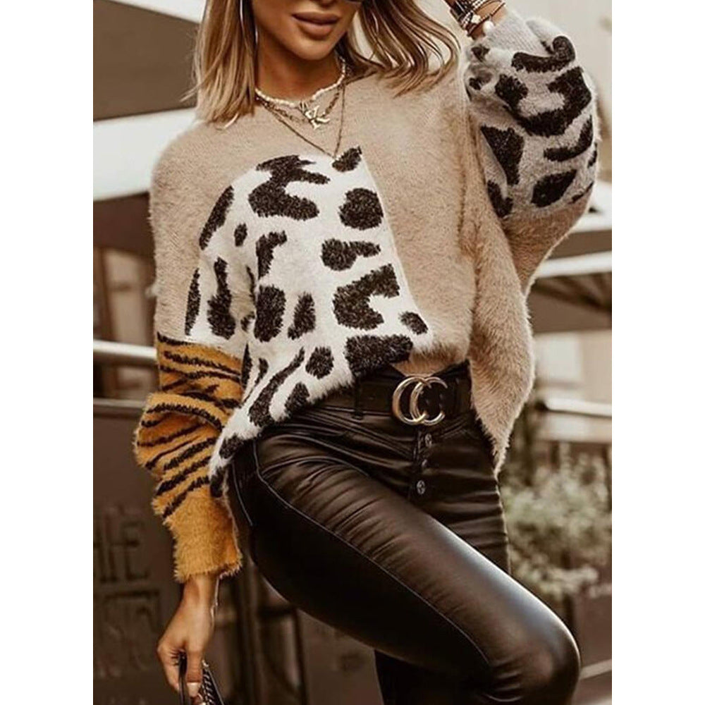 Leopard Ruffle Print Trendy Round Neck Loose Pullover Sweater Image 2