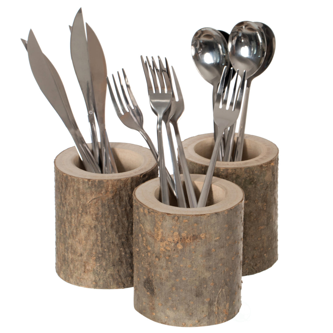 Set of 3 Rustic Wooden Flatware Organizers Paulownia Utensil Holders 3.25" Image 1