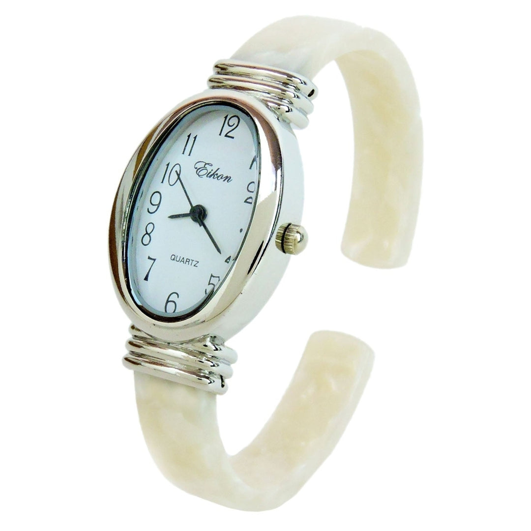 White Pearl Acrylic Band Silver Oval Case Womens Bangle Cuff Watch Image 1