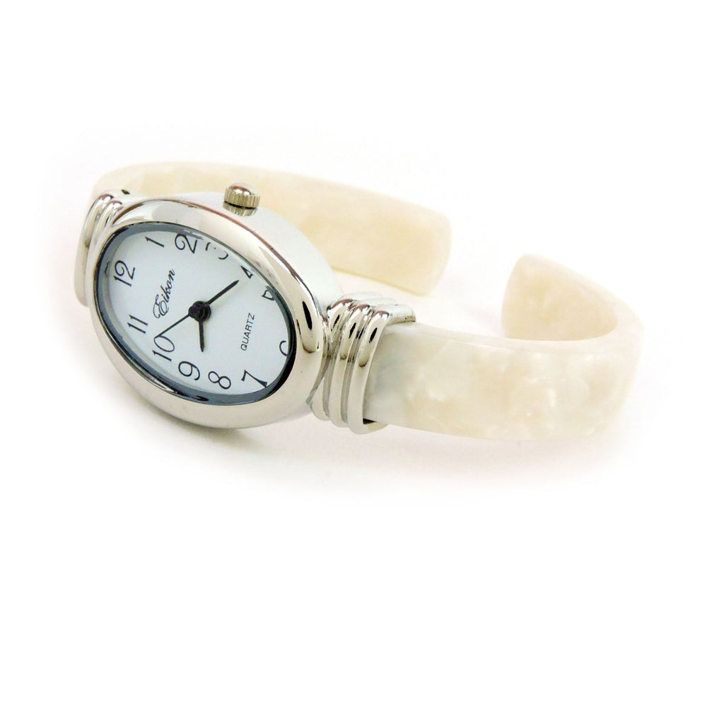 White Pearl Acrylic Band Silver Oval Case Womens Bangle Cuff Watch Image 2