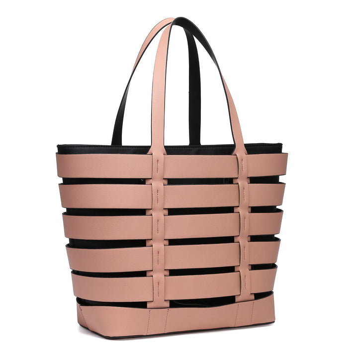 2-In-1 Medium Striped Tote Bag Faux Leather with Detachable Shoulder Strap Image 1