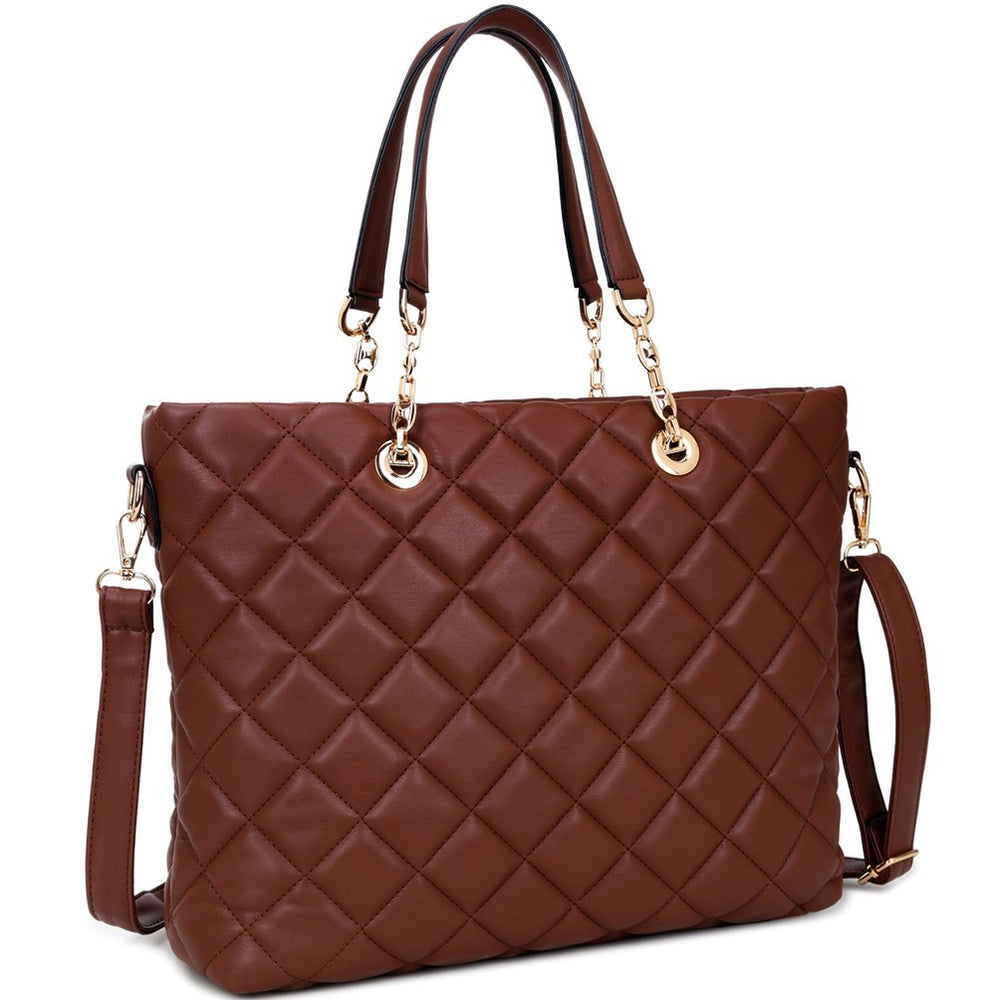 Faux Leather Quilted Tote Bag with Chained Handles 16x12 inch Women Bag Image 2