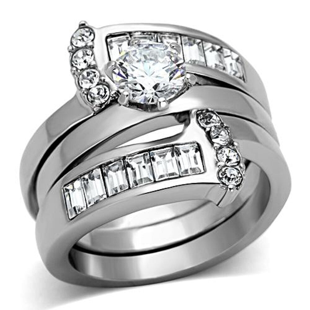 Womens Round Cut Silver Stainless Steel Aaa Cz Wedding Ring Band Set Size 5-10 Image 1