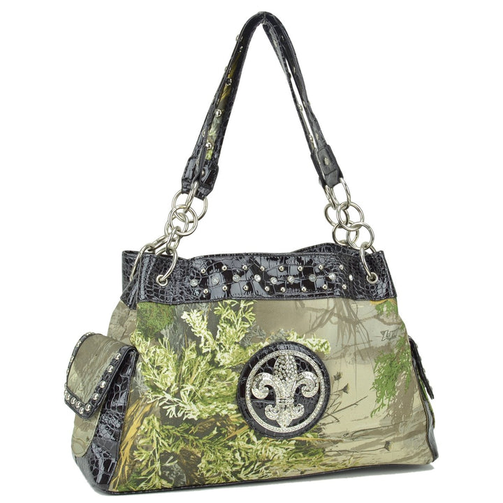 Studded Hobo Bag Shoulder Tote Women Camouflage Croc Trim Zippered Pockets 16"W Image 1