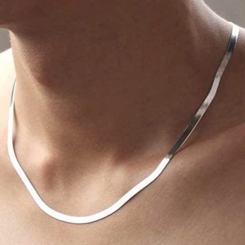 Unisex 14K White Gold Filled Herringbone Flat Necklace 20" Image 1