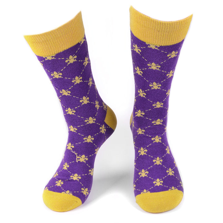 Men's Cotton Fleur-de-lis Novelty Socks Gift For Dad Purple and Yellow Mardi Gras Party Socks Image 1