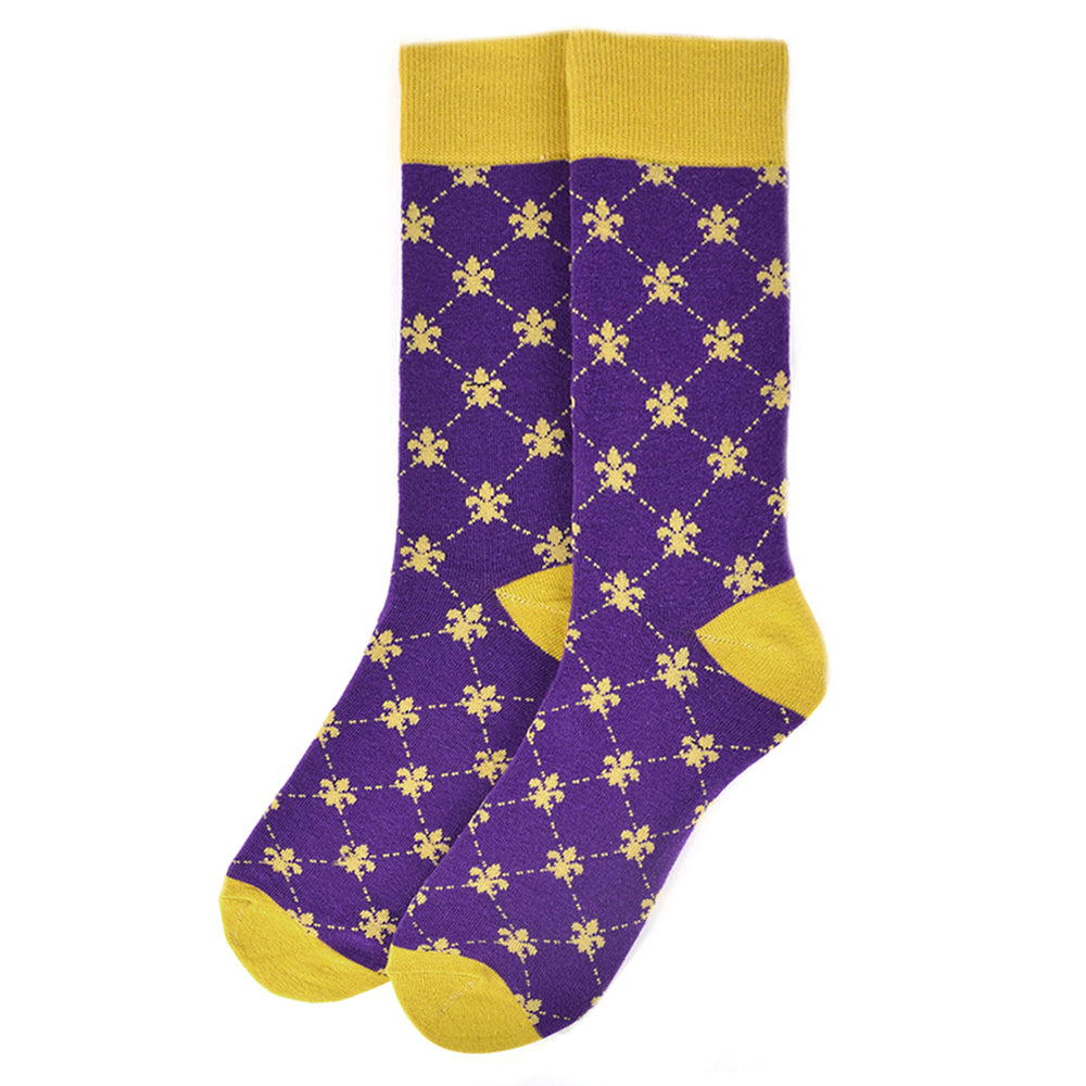 Men's Cotton Fleur-de-lis Novelty Socks Gift For Dad Purple and Yellow Mardi Gras Party Socks Image 2