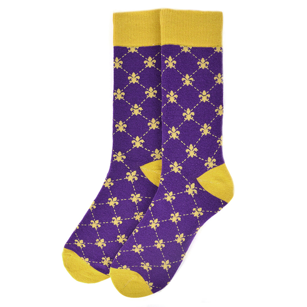 Mens Cotton Fleur-de-lis Novelty Socks  Purple and Yellow Mardi Gras Party Socks Image 2
