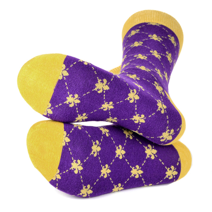 Men's Cotton Fleur-de-lis Novelty Socks Gift For Dad Purple and Yellow Mardi Gras Party Socks Image 3