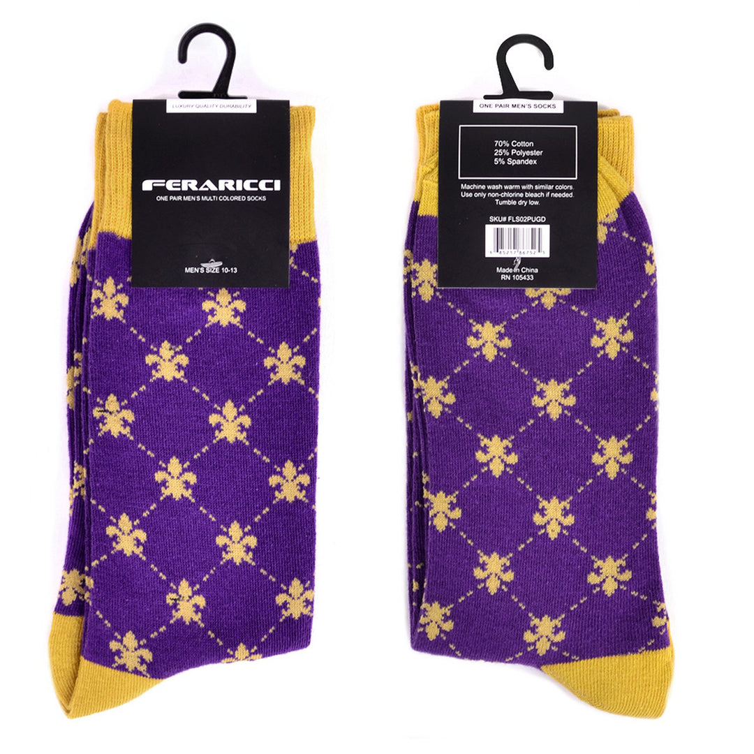 Men's Cotton Fleur-de-lis Novelty Socks Gift For Dad Purple and Yellow Mardi Gras Party Socks Image 4