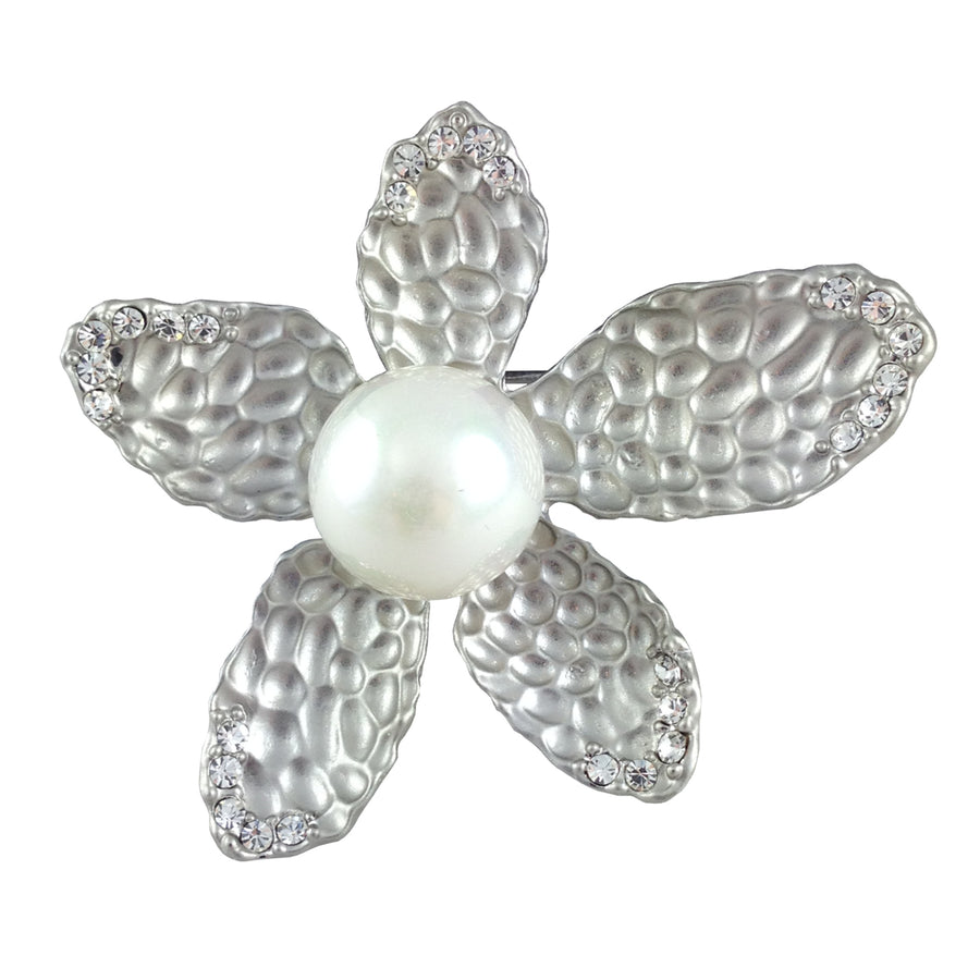 Jasmine Brooch Faux Pear Big Flowers Silver Enamel Flower Setting Crystal Lined Tips Fashion Jewelry Deluxe Pin Image 1