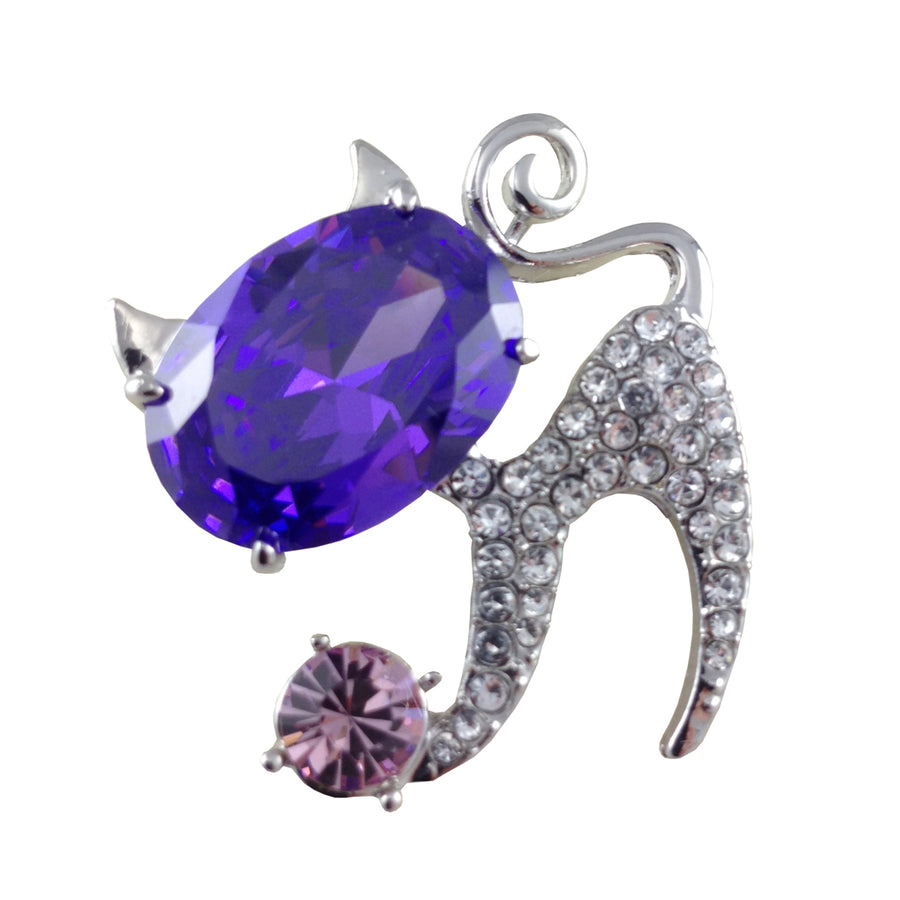 Sassy Cat Brooch Big Purple Head Crystal Fancy Tail Clear Crystals Body Fashion Pin Cat Fashion Brooch Image 1