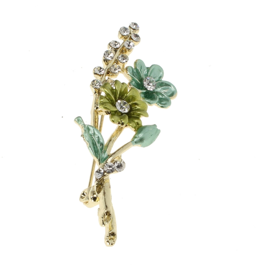 Morning Daisy Brooch Shades of Green with Flowers Enamel Pin Multiple Crystals in Setting Fashion Jewelry Deluxe Pin Image 1