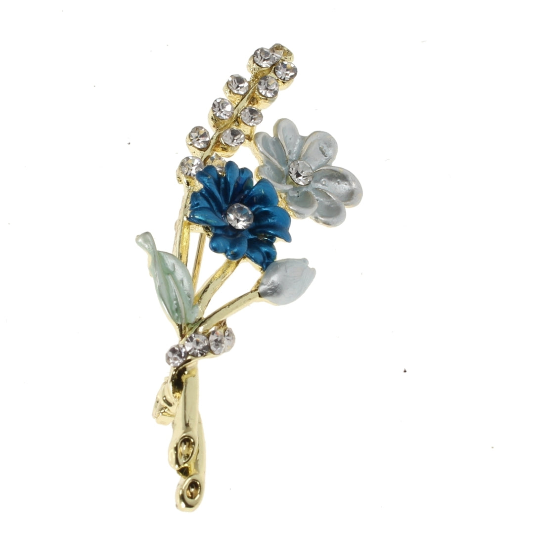 Morning Daisy Brooch Shades of Blue Flowers with Green Enamel Pin Multiple Crystals in Setting Fashion Jewelry Deluxe Image 1