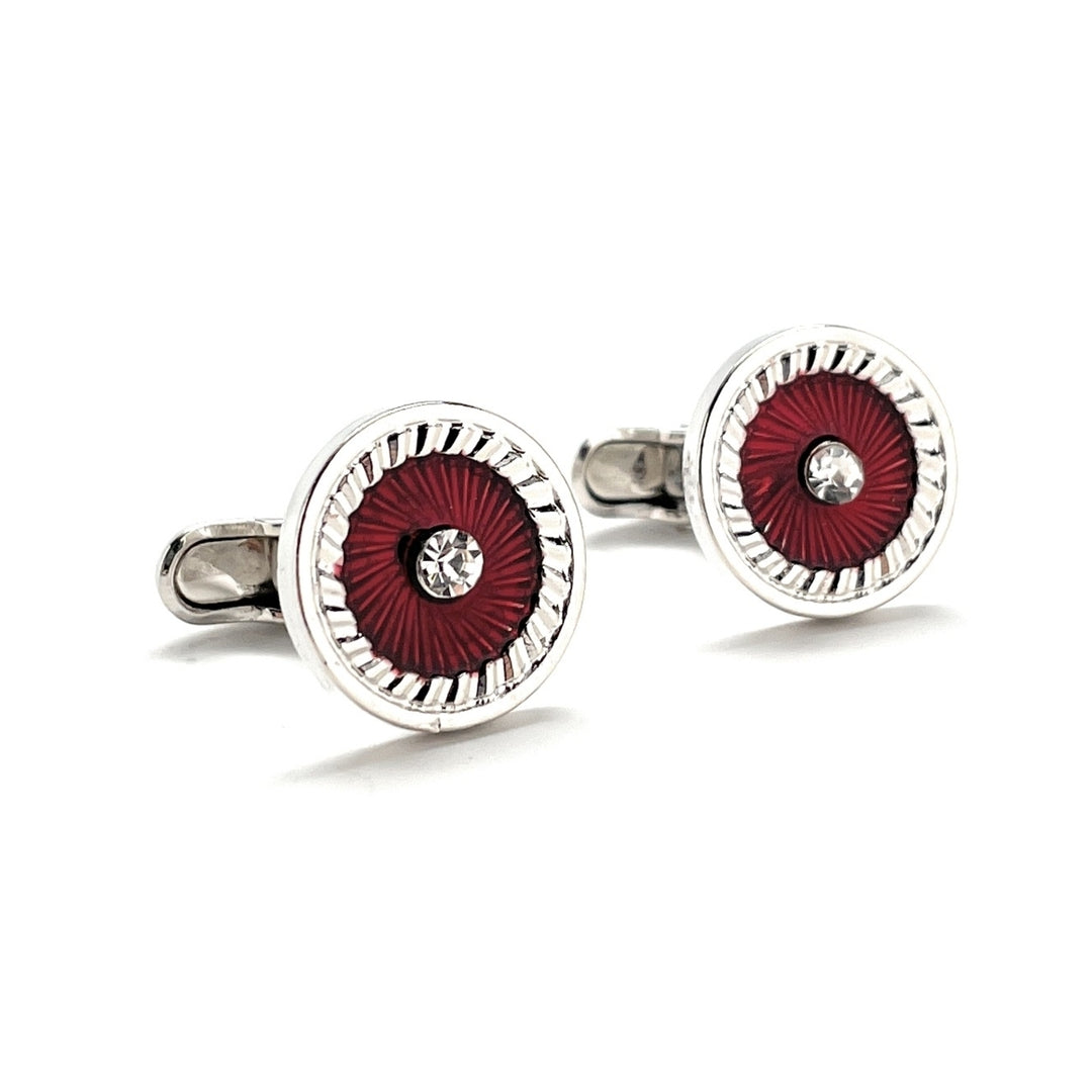 Roman Medallion Cufflinks Crystal Diamond Shape Center Cut Red and Silver Platted Rhodium Cuff Links Whale Tail Backing Image 1