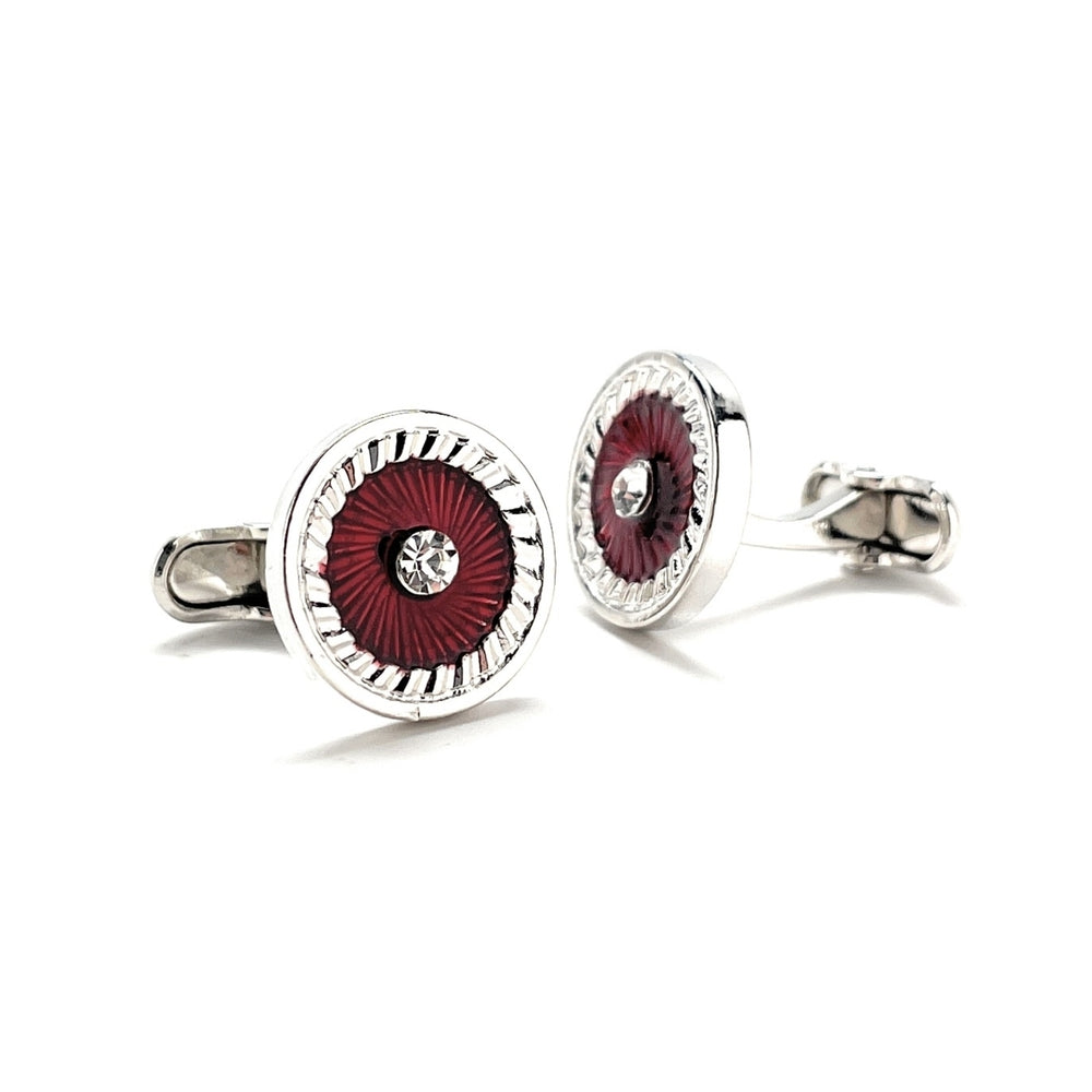 Roman Medallion Cufflinks Crystal Diamond Shape Center Cut Red and Silver Platted Rhodium Cuff Links Whale Tail Backing Image 2