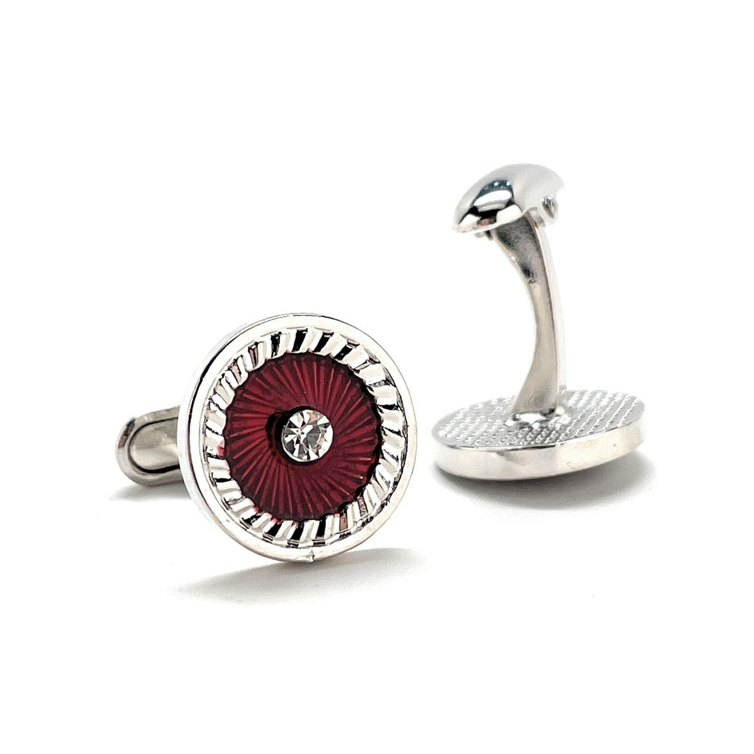 Roman Medallion Cufflinks Crystal Diamond Shape Center Cut Red and Silver Platted Rhodium Cuff Links Whale Tail Backing Image 3