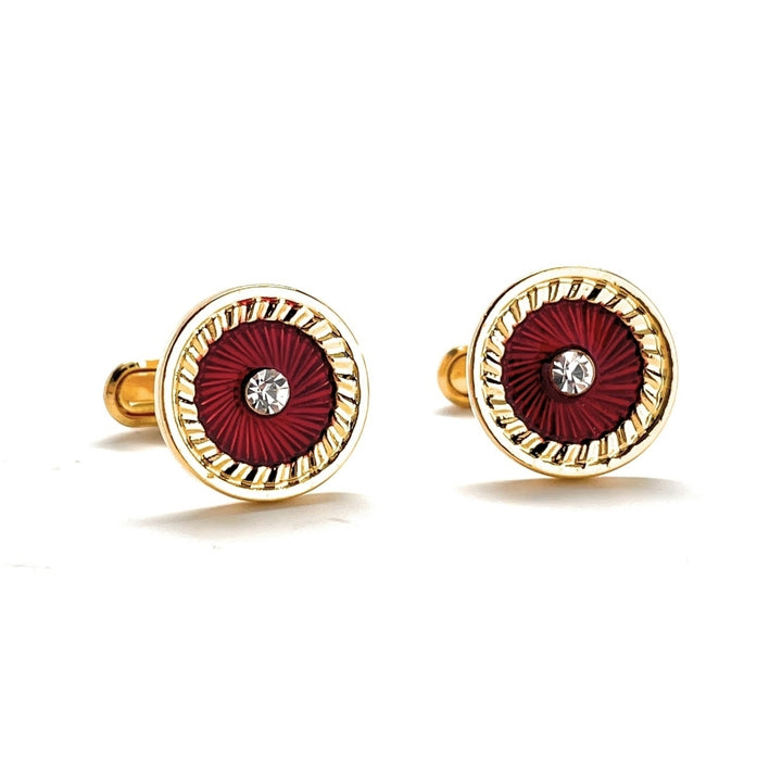 Roman Medallion Cufflinks Crystal Diamond Shape Center Cut Red and Gold Platted Rhodium Cuff Links Whale Tail Backing Image 1