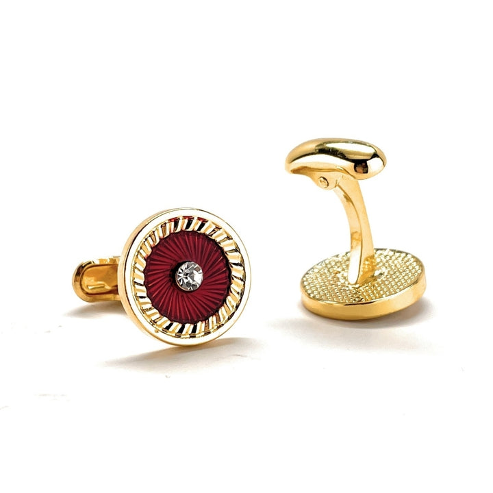 Roman Medallion Cufflinks Crystal Diamond Shape Center Cut Red and Gold Platted Rhodium Cuff Links Whale Tail Backing Image 3