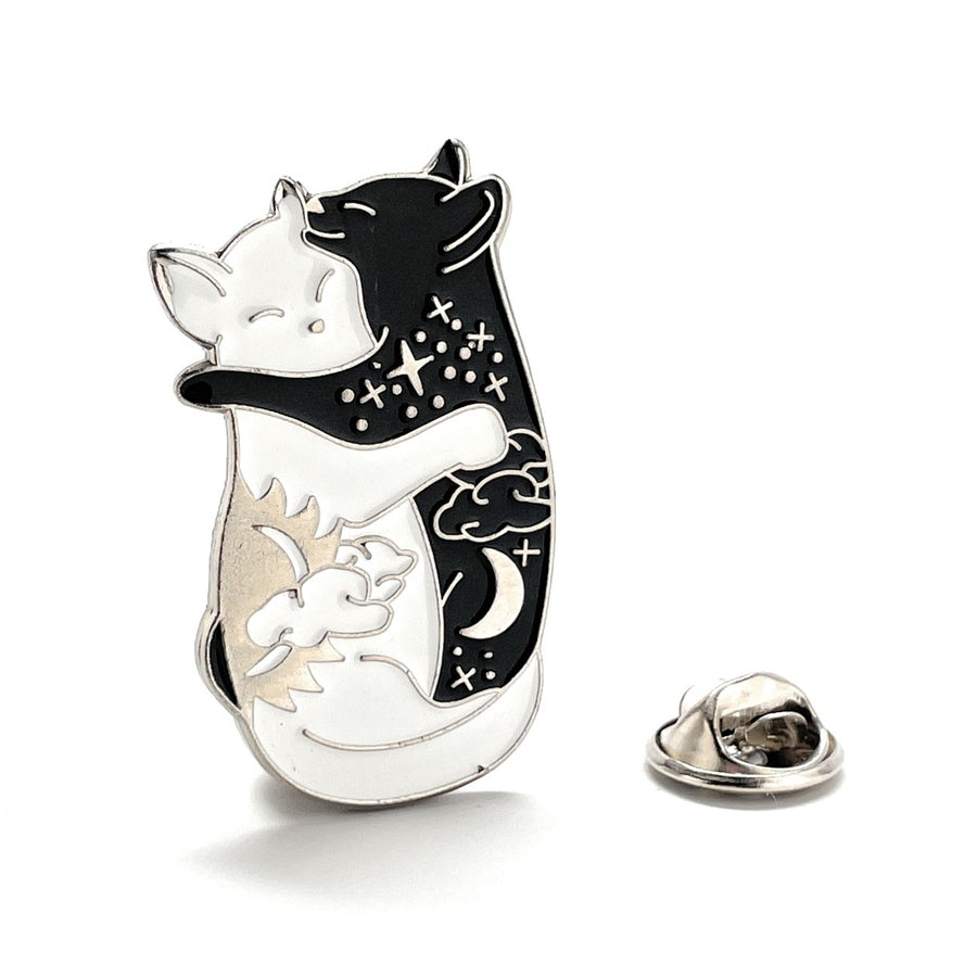 Crazy Cat Lovers Pin Black and White Enamel Pin Yin Yang Intertwine Love Lanyard Pin Silver Rhodium Platted Name Badge Image 1